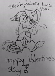 Size: 1572x2153 | Tagged: safe, artist:sketchytwi, derpibooru import, oc, oc only, pony, unicorn, clothes, ears, female, floppy ears, grayscale, happy valentines day, horn, lineart, mare, monochrome, scarf, sitting, solo, traditional art, unicorn oc, unshorn fetlocks