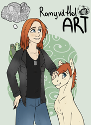 Size: 876x1200 | Tagged: safe, artist:royvdhel-art, derpibooru import, oc, oc only, oc:romy, bird, earth pony, human, pony, bust, clothes, earth pony oc, grin, male, pants, petting, smilign, smiling, stallion, thought bubble