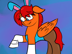 Size: 1024x768 | Tagged: safe, artist:tranzmuteproductions, derpibooru import, oc, oc only, oc:goldenfox, pegasus, pony, abstract background, blushing, bunny ears, bunny suit, clothes, crossdressing, cuffs (clothes), ears, floppy ears, hoof gloves, leotard, male, pantyhose, pegasus oc, raised hoof, raised leg, solo, stallion, wings