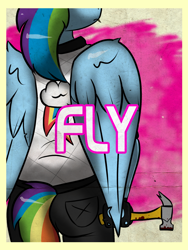 Size: 1296x1728 | Tagged: safe, artist:tranzmuteproductions, derpibooru import, rainbow dash, anthro, pegasus, blood, choker, clothes, cutie mark, cutie mark on clothes, female, fingerless gloves, gloves, hammer, pants, solo, wings
