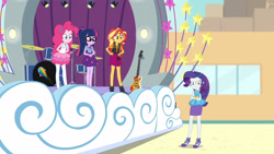 Size: 3410x1920 | Tagged: safe, derpibooru import, screencap, pinkie pie, rarity, sci-twi, sunset shimmer, twilight sparkle, better together, equestria girls, rollercoaster of friendship, bass guitar, bowtie, bracelet, clothes, crossed arms, cutie mark, cutie mark on clothes, drums, female, geode of empathy, geode of shielding, geode of sugar bombs, geode of telekinesis, glasses, hairpin, high heels, high res, jacket, jewelry, leather, leather jacket, magical geodes, musical instrument, necklace, ponytail, rarity peplum dress, shoes, tanktop