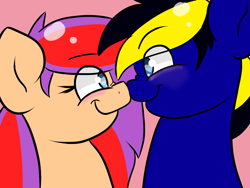 Size: 1024x768 | Tagged: safe, artist:tranzmuteproductions, derpibooru import, oc, oc only, earth pony, pony, bust, earth pony oc, female, looking at each other, male, mare, oc x oc, pink background, shipping, simple background, smiling, stallion, straight