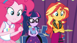 Size: 3410x1920 | Tagged: safe, derpibooru import, screencap, pinkie pie, sci-twi, sunset shimmer, twilight sparkle, better together, equestria girls, rollercoaster of friendship, bowtie, clothes, crossed arms, cutie mark, cutie mark on clothes, drums, female, geode of empathy, geode of sugar bombs, geode of telekinesis, glasses, high res, jacket, jewelry, leather, leather jacket, magical geodes, musical instrument, necklace, ponytail, tanktop
