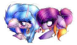 Size: 1024x601 | Tagged: safe, artist:beamybutt, derpibooru import, oc, oc only, oc:moonbeam, alicorn, collaboration, alicorn oc, blushing, bust, chains, duo, ear fluff, ears, ethereal mane, eyelashes, horn, mouth hold, simple background, starry mane, transparent background, wide eyes, wings