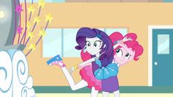 Size: 3410x1920 | Tagged: safe, derpibooru import, screencap, pinkie pie, rarity, better together, equestria girls, rollercoaster of friendship, bracelet, clothes, cutie mark, cutie mark on clothes, female, geode of shielding, hairpin, high res, jewelry, magical geodes, necklace, rarity peplum dress