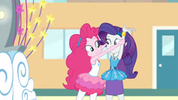 Size: 3410x1920 | Tagged: safe, derpibooru import, screencap, pinkie pie, rarity, better together, equestria girls, rollercoaster of friendship, bracelet, clothes, cutie mark, cutie mark on clothes, female, geode of shielding, geode of sugar bombs, hairpin, high res, jewelry, magical geodes, necklace, rarity peplum dress