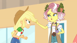 Size: 3410x1920 | Tagged: safe, derpibooru import, screencap, applejack, vignette valencia, better together, equestria girls, rollercoaster of friendship, applejack's hat, belt, cellphone, clothes, cowboy hat, cutie mark, cutie mark on clothes, denim skirt, female, geode of super strength, hat, high res, jewelry, magical geodes, necklace, open mouth, phone, skirt, smartphone