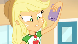 Size: 3410x1920 | Tagged: safe, derpibooru import, screencap, applejack, better together, equestria girls, rollercoaster of friendship, applejack's hat, cellphone, clothes, cowboy hat, cutie mark, cutie mark on clothes, female, geode of super strength, hat, high res, jewelry, magical geodes, necklace, phone, smartphone, solo