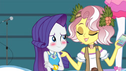 Size: 3410x1920 | Tagged: safe, derpibooru import, screencap, pinkie pie, rarity, vignette valencia, better together, equestria girls, rollercoaster of friendship, bracelet, cellphone, eyes closed, female, geode of shielding, high res, jewelry, magical geodes, phone, rarity peplum dress, smartphone, smiling