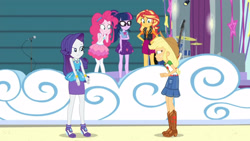 Size: 3410x1920 | Tagged: safe, derpibooru import, screencap, applejack, pinkie pie, rarity, sci-twi, sunset shimmer, twilight sparkle, equestria girls, equestria girls series, rollercoaster of friendship, applejack's hat, bass guitar, bowtie, bracelet, clothes, cowboy hat, cutie mark, cutie mark on clothes, denim skirt, drums, female, geode of empathy, geode of shielding, geode of sugar bombs, geode of super strength, geode of telekinesis, glasses, hairpin, hat, high heels, high res, jacket, jewelry, leather, leather jacket, magical geodes, musical instrument, necklace, open mouth, ponytail, rarity peplum dress, shoes, skirt, tanktop