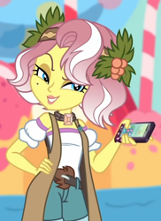 Size: 1124x1544 | Tagged: safe, derpibooru import, edit, edited screencap, screencap, vignette valencia, equestria girls, equestria girls series, rollercoaster of friendship, cellphone, clothes, cropped, hand on hip, phone, smiling, solo