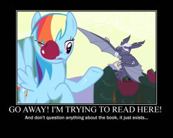 Size: 750x600 | Tagged: safe, artist:crossoverprincess, derpibooru import, edit, edited screencap, screencap, rainbow dash, bat, fruit bat, pegasus, pony, vampire fruit bat, bats!, season 4, apple, book, food, motivational poster