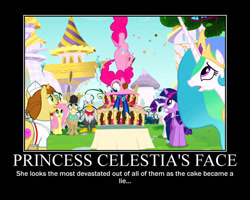 Size: 750x600 | Tagged: safe, artist:crossoverprincess, derpibooru import, edit, edited screencap, screencap, donut joe, fluttershy, gustave le grande, mulia mild, pinkie pie, princess celestia, rarity, twilight sparkle, griffon, hybrid, mule, pony, mmmystery on the friendship express, season 2, cake, cartoon physics, female, food, male, motivational poster, open mouth, pinkie being pinkie, pinkie physics, toque