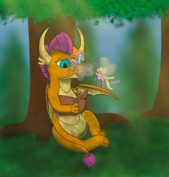 Size: 2764x2896 | Tagged: safe, artist:snow quill, derpibooru import, ocellus, smolder, breezie, dragon, book, breeziefied, daytime, dragoness, female, forest, lying down, mlp fim's eleventh anniversary, perched, sitting, species swap, standing, sun, tree, writing