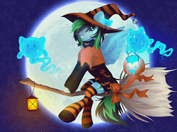 Size: 700x524 | Tagged: safe, artist:pidorac, derpibooru import, oc, oc only, oc:weo, pegasus, broom, clothes, costume, flying, flying broomstick, halloween, halloween costume, hat, lantern, male, moon, pumpkin bucket, sky, socks, solo, stallion, stars, striped socks, witch hat