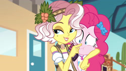 Size: 3410x1920 | Tagged: safe, derpibooru import, screencap, pinkie pie, vignette valencia, better together, equestria girls, rollercoaster of friendship, boop, clothes, cutie mark, cutie mark on clothes, female, geode of sugar bombs, high res, jewelry, magical geodes, necklace, noseboop, smiling, tanktop