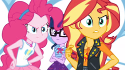 Size: 3410x1920 | Tagged: safe, derpibooru import, screencap, pinkie pie, sci-twi, sunset shimmer, twilight sparkle, better together, equestria girls, rollercoaster of friendship, bowtie, clothes, crossed arms, cutie mark, cutie mark on clothes, female, geode of empathy, geode of sugar bombs, geode of telekinesis, glasses, high res, jacket, jewelry, leather, leather jacket, magical geodes, necklace, ponytail, tanktop