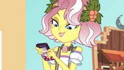 Size: 3410x1920 | Tagged: safe, derpibooru import, screencap, vignette valencia, better together, equestria girls, rollercoaster of friendship, cellphone, female, high res, phone, smartphone, smiling, solo