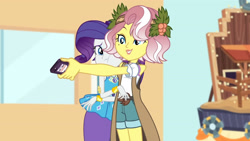 Size: 3410x1920 | Tagged: safe, derpibooru import, screencap, rarity, vignette valencia, better together, equestria girls, rollercoaster of friendship, bracelet, cellphone, female, geode of shielding, high res, jewelry, magical geodes, phone, rarity peplum dress, smartphone, smiling