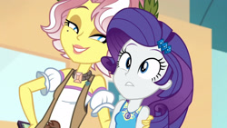 Size: 3410x1920 | Tagged: safe, derpibooru import, screencap, rarity, vignette valencia, better together, equestria girls, rollercoaster of friendship, cellphone, female, geode of shielding, hairpin, high res, magical geodes, phone, rarity peplum dress, smartphone, smiling