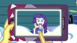 Size: 3410x1920 | Tagged: safe, derpibooru import, screencap, rarity, vignette valencia, better together, equestria girls, rollercoaster of friendship, bracelet, cellphone, female, hairpin, high res, jewelry, open mouth, phone, rarity peplum dress, smartphone, solo focus