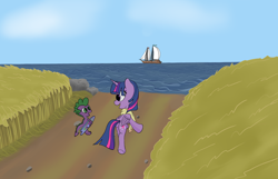 Size: 2230x1433 | Tagged: safe, artist:aklesswift, derpibooru import, spike, twilight sparkle, twilight sparkle (alicorn), alicorn, pony, background, boat, day, happy, ocean, road, talking, walking