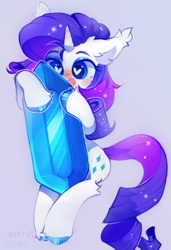 Size: 812x1190 | Tagged: safe, artist:astralblues, artist:starrcoma, derpibooru import, rarity, pony, unicorn, blue background, blush sticker, blushing, chibi, colored hooves, crystal, cute, ear fluff, ears, female, gem, heart eyes, leg fluff, mare, micro, open mouth, raribetes, simple background, sitting, solo, wingding eyes