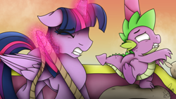 Size: 1920x1080 | Tagged: safe, artist:thelifeoncl0ud9, derpibooru import, spike, twilight sparkle, twilight sparkle (alicorn), alicorn, dragon, pony, fanfic:history repeats, eyes closed, female, glowing, glowing horn, gritted teeth, horn, hot air balloon, magic, male, telekinesis
