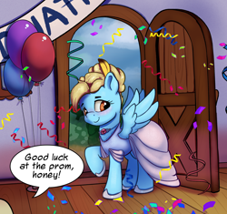 Size: 1946x1830 | Tagged: safe, artist:drafthoof, artist:klemm, derpibooru exclusive, derpibooru import, oc, oc only, oc:brave blossom, pegasus, pony, fanfic:yellow feathers, balloon, clothes, confetti, door, dress, solo, text bubbles