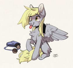 Size: 1349x1258 | Tagged: safe, artist:bokkitoki, derpibooru import, derpy hooves, pegasus, pony, blushing, chest fluff, food, muffin, tongue, tongue out