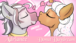 Size: 1600x900 | Tagged: safe, artist:cocaine, derpibooru import, oc, oc:adrianee, oc:donut daydream, food pony, original species, pony, unicorn, zebra, food, gold, in love, kissing, neck rings, piercing, ponified, smooch, zebra oc