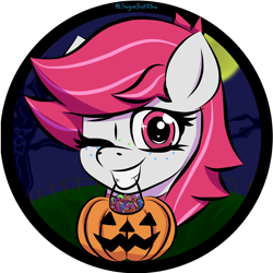 Size: 4160x4160 | Tagged: safe, artist:sugardotxtra, derpibooru import, oc, oc only, oc:sugar dot, candy, commission, food, halloween, holiday, looking at you, one eye closed, pumpkin, wink, winking at you, ych result