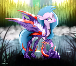 Size: 1768x1531 | Tagged: safe, alternate version, artist:zidanemina, derpibooru import, silverstream, hippogriff, armor, crossover, forest, lake, looking to side, looking to the left, mount aris, raised eyebrow, saint seiya, side view, smiling, solo