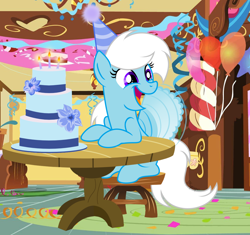 Size: 1300x1224 | Tagged: safe, artist:feather_bloom, derpibooru import, oc, oc only, oc:feather_bloom, pegasus, pony, birthday, birthday cake, cake, candle, cute, female, food, happy, mare, show accurate, sitting, smiling, solo, stool, sugarcube corner, table, weapons-grade cute, wings flapping