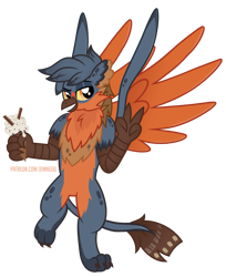 Size: 817x1000 | Tagged: safe, artist:jennieoo, derpibooru import, oc, oc only, oc:sparrow, griffon, food, griffon oc, ice cream, lidded eyes, looking at you, male, simple background, smiling, smiling at you, solo, spread wings, transparent background, vector, walking, wings