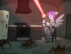 Size: 1600x1200 | Tagged: safe, artist:willoillo, derpibooru import, oc, oc only, oc:morning glory (project horizons), cockroach, insect, pegasus, pony, radroach, fallout equestria, fallout equestria: project horizons, commission, fallout, fanfic art, no trigger discipline, pegasus oc, unsafe weapon handling