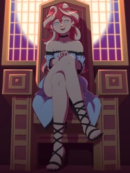 Size: 1200x1600 | Tagged: safe, artist:rockset, sunset shimmer, undead, vampire, equestria girls, chair, choker, clothes, crossed legs, dress, female, full moon, looking at you, moon, off shoulder, sandals, sitting, solo, vampire shimmer