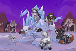 Size: 3483x2338 | Tagged: safe, artist:marbo, oc, oc only, oc:arctic ink, oc:bundle up, oc:cold shoulder, oc:comfy cozy, oc:evergreen, oc:frostbite, oc:ice elation, oc:niveous, oc:snowfall, pony, /mlp/, costume, cute, female, filly, fish hat, floewolf, happy, ice, mare, night, nightmare night, playing, purple sky, sculpture, snowpony (species), taiga pony, worried, yakutian horse