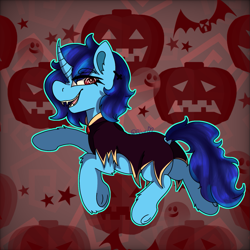 Size: 1439x1439 | Tagged: safe, artist:bluemoon, derpibooru import, oc, oc only, oc:sapphire soulfire, pony, undead, unicorn, vampire, vampony, clothes, commission, fangs, halloween, holiday, hoof fluff, looking at you, nightmare night, solo, underhoof, ych result
