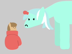 Size: 2048x1536 | Tagged: safe, artist:2merr, ponerpics import, lyra heartstrings, oc, oc:twosday, pony, unicorn, :), :c, >:c, blob ponies, boxing gloves, dot eyes, drawn on phone, drawthread, duo, female, frown, gray background, mare, simple background, size difference, smiley face, smiling, weekday ponies