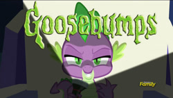Size: 1192x670 | Tagged: safe, edit, edited screencap, editor:undeadponysoldier, screencap, spike, dragon, dungeons and discords, discovery family logo, evil, evil grin, flashlight (object), goosebumps, grin, looking at you, male, slightly creepy, smiling, solo, title card, twilight's castle