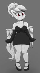Size: 653x1200 | Tagged: safe, artist:pabbley, derpibooru import, rainbow dash, anthro, pegasus, unguligrade anthro, alternate hairstyle, belly button, black dress, blushing, breasts, choker, cleavage, clothes, dress, ear fluff, ears, evening gloves, female, gloves, gray background, grayscale, high heels, little black dress, long gloves, mare, minidress, monochrome, neo noir, nervous, partial color, rainboob dash, simple background, solo, sweat, wide hips