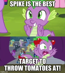 Size: 500x560 | Tagged: safe, edit, edited screencap, screencap, pinkie pie, spike, twilight sparkle, twilight sparkle (alicorn), alicorn, dragon, earth pony, pony, horse play, it ain't easy being breezies, booing, female, food, male, op is a cuck, spikeabuse, stage, tomato, tomatoes