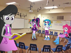 Size: 1032x774 | Tagged: safe, edit, editor:undeadponysoldier, dj pon-3, octavia melody, pinkie pie, sci-twi, spike, spike the regular dog, twilight sparkle, vinyl scratch, dog, backpack, belt, book, bowtie, chair, classroom, clothes, dress, edited photo, equestria girls in real life, female, glasses, happy, headphones, highschool, irl, male, music class, music notes, photo, ponytail, projector, reading, school, sitting, skirt, smiling, vinyl's glasses, walking