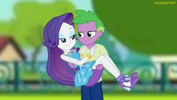 Size: 3640x2048 | Tagged: safe, artist:georgegarza01, derpibooru import, rarity, spike, human, equestria girls, bedroom eyes, bridal carry, carrying, clothes, female, human spike, humanized, lidded eyes, looking at each other, love, male, rarity peplum dress, shipping, sparity, straight