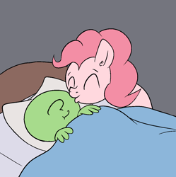 Size: 1000x1005 | Tagged: safe, artist:happy harvey, derpibooru import, pinkie pie, oc, oc:anon, earth pony, human, pony, bed, blanket, comfy, cute, drawn on phone, ear fluff, ears, eyes closed, female, goodnight kiss, in bed, kissing, lying down, male, pillow