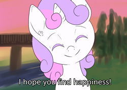 Size: 1414x1000 | Tagged: safe, artist:happy harvey, derpibooru import, sweetie belle, pony, unicorn, bridge, cute, dialogue, drawn on phone, ear fluff, ears, eyes closed, female, filly, looking at you, ponified, river, smiling, smiling at you, solo, sunset, tree