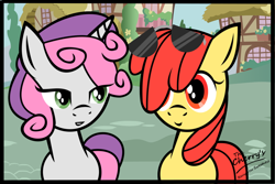 Size: 1500x1000 | Tagged: safe, artist:sugarelement, derpibooru import, apple bloom, sweetie belle, earth pony, pony, unicorn, female, filly, glasses