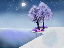 Size: 4032x3024 | Tagged: safe, artist:starsilk, derpibooru import, oc, oc only, oc:star silk, pegasus, pony, female, high res, ice, lying down, mare, moon, pastel, pegasus oc, pink, prone, purple, reflection, saudade, scenery, shooting star, snow, solo, swirl hair, thinking, tree, water, yellow