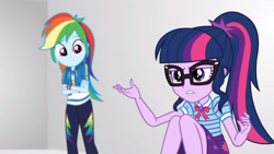 Size: 3410x1920 | Tagged: safe, derpibooru import, screencap, rainbow dash, sci-twi, twilight sparkle, better together, equestria girls, rollercoaster of friendship, bowtie, clothes, crossed arms, cutie mark, cutie mark on clothes, female, geode of super speed, geode of telekinesis, glasses, high res, hoodie, jewelry, magical geodes, necklace, ponytail